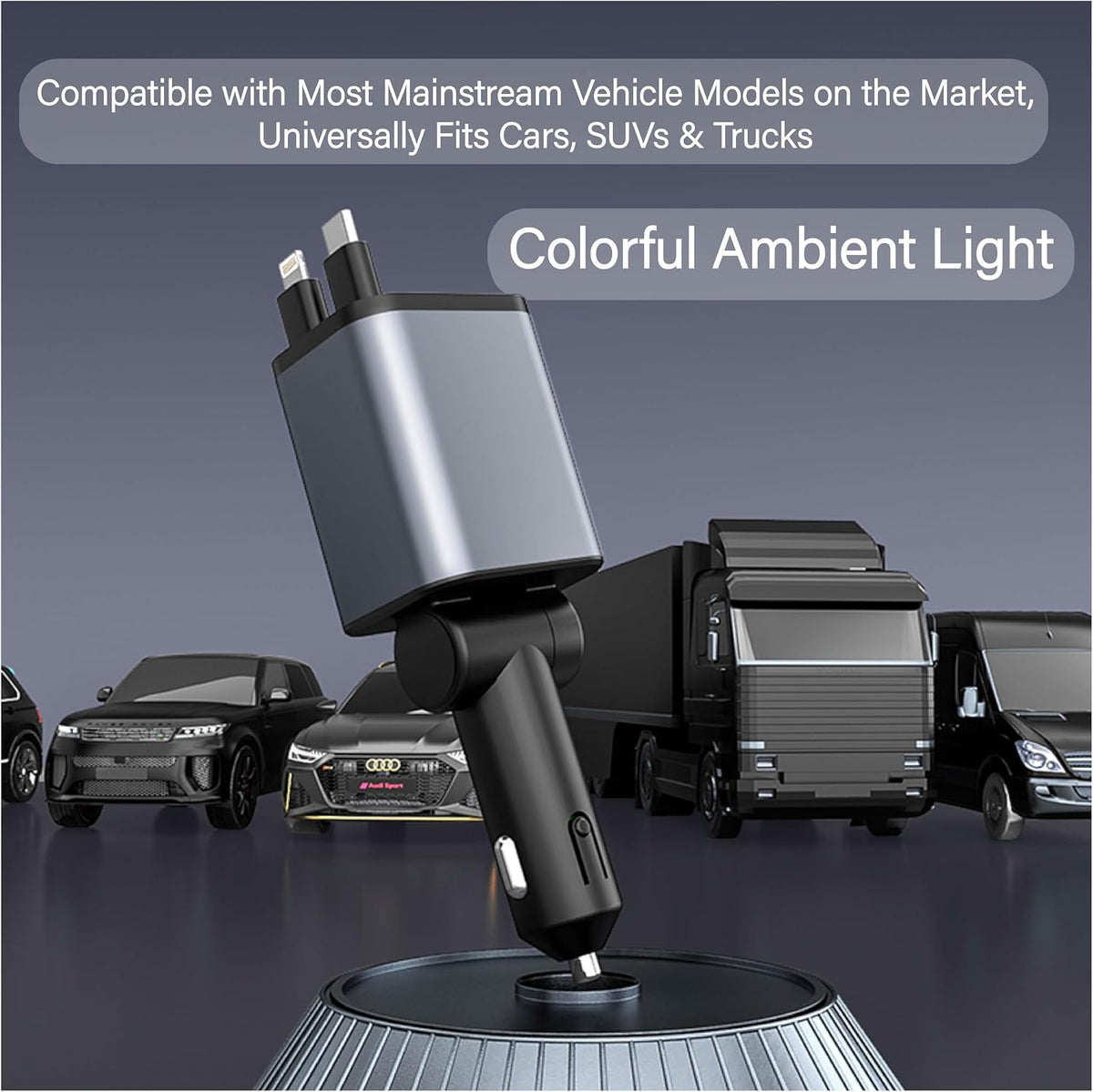 4-in-1 retractable 30w fast car charger, dual usb-c, close-up detail