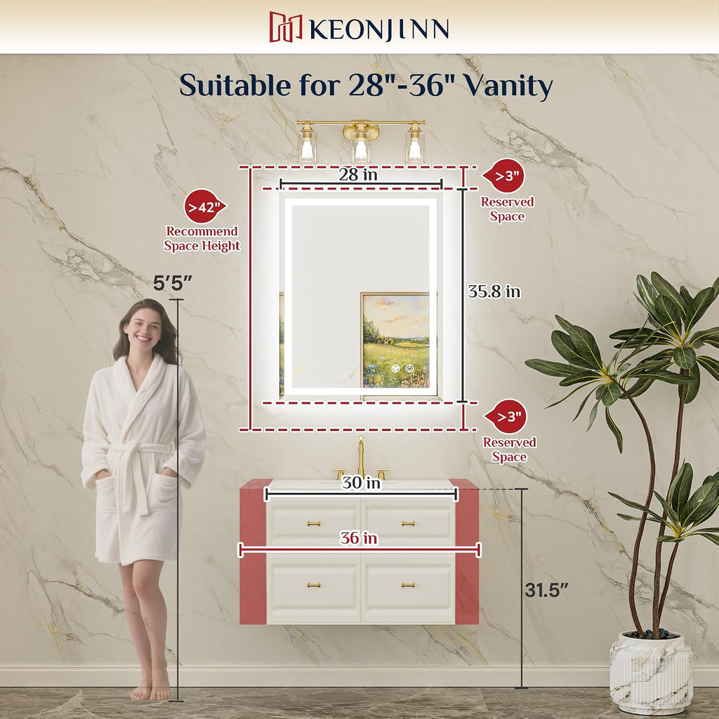 Keonjinn Beveled Bathroom Mirror with Lights 28" x 36", Frontlit & Backlit | HD Tempered Glass, Lighted Mirrors for Bathroom Wall, 3 Color Lights, Fast Defogging, Stepless Dimmable, Wall Switch/Plug in