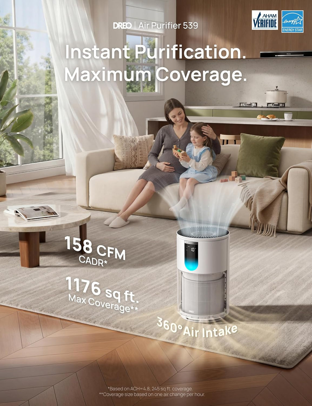 DREO Air Purifier for Home, Up to 1176 ft², HEPA Sleep Mode, Air Purifiers for Large Room & Bedroom, Pets, Smoke, Dust, Pollen & Odors, PM2.5 Monitor, Auto & Turbo Mode, 4 Speeds, DR-HAP009 (Dreo 539)
