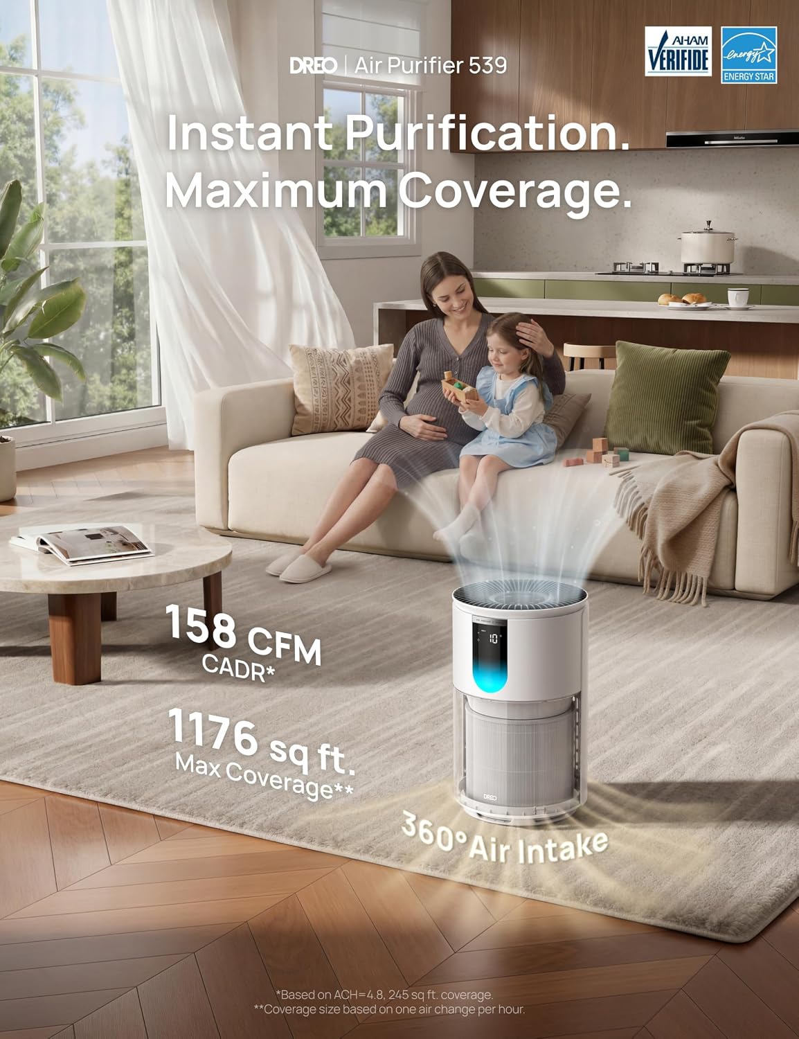 DREO Air Purifier for Home, Up to 1176 ft², HEPA Sleep Mode, Air Purifiers for Large Room & Bedroom, Pets, Smoke, Dust, Pollen & Odors, PM2.5 Monitor, Auto & Turbo Mode, 4 Speeds, DR-HAP009 (Dreo 539)