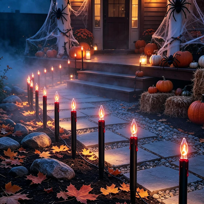 Halloween C18 Flicker Flame Pathway Lights – 19.5FT Plug-in Outdoor Candle Lights with Stakes, Eerie Orange Flame Effect, UL Listed, Waterproof Halloween Decorations for Porch Yard Walkway Garden