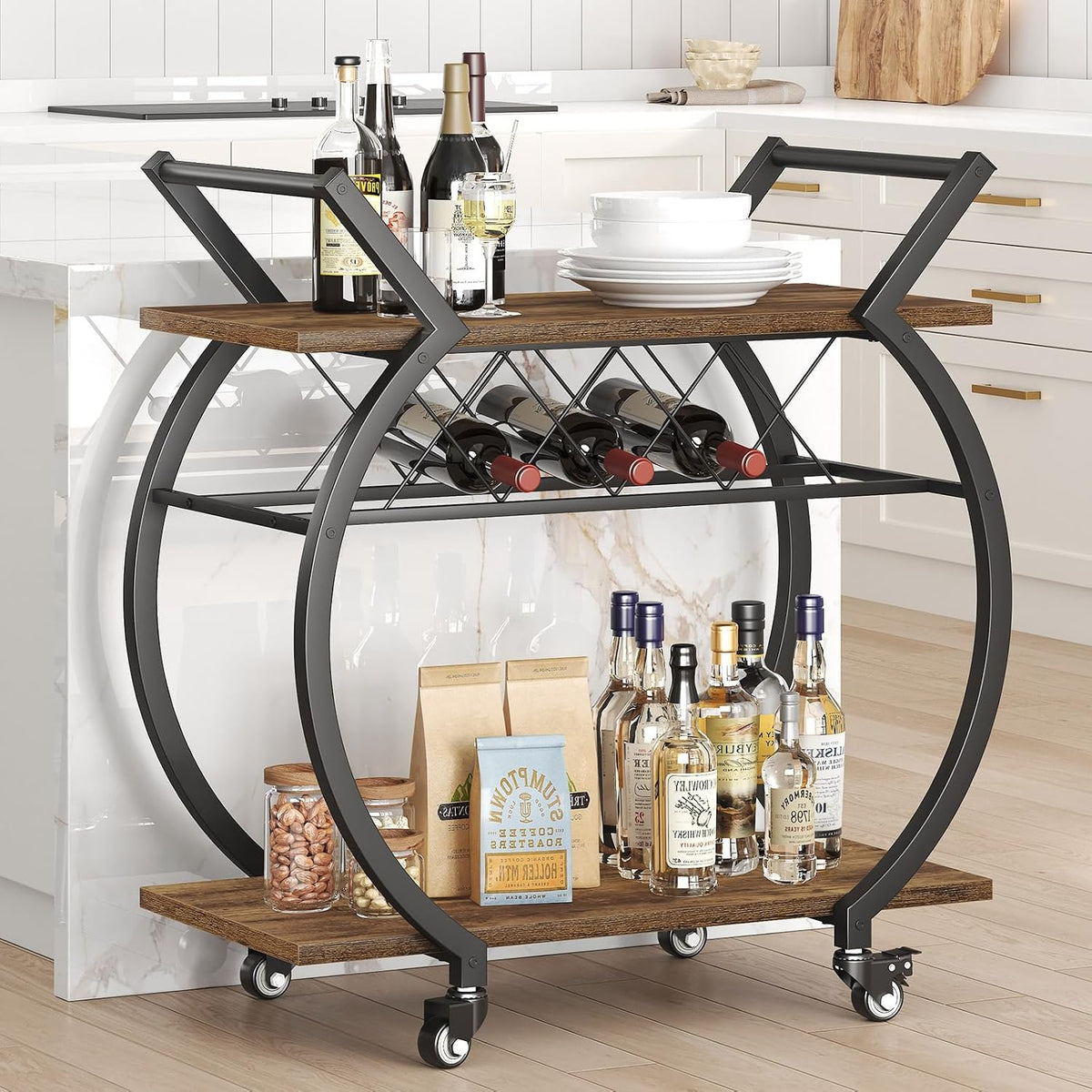 LVB Industrial Bar Cart, Beverage Serving Cart with Wheels, Rustic Brown