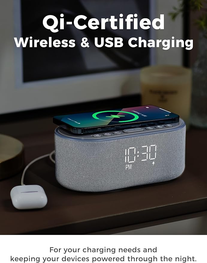 Odokee Wireless Charging Alarm Clock Radio: Qi Certified Fast Wireless Charger