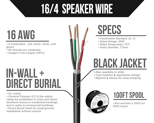 Voltive 16/4 Speaker Wire, in-Wall CL3 & Direct Burial, 100ft