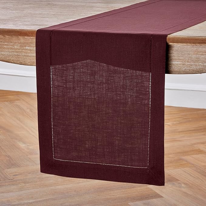 Solino Home Linen Burgundy Table Runner 72 Inches Long - 100% Pure Linen Hemstitch Table Runner 14 x 72 Inch for Dresser, Dining, Fall, Autumn, Halloween, Thanksgiving, Christmas - Classic Hemstitch