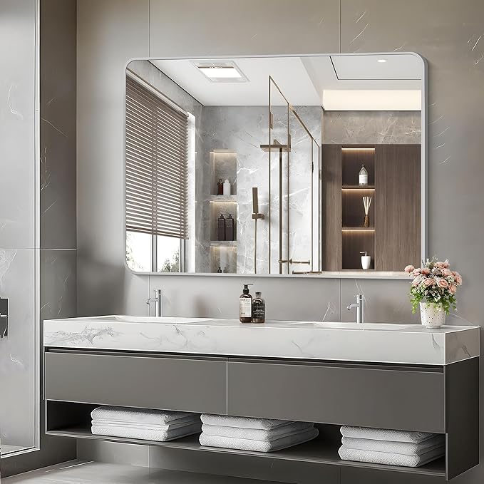 48x36 Inch Silver Bathroom Mirror, Large Rectangular Vanity Mirror, Metal
