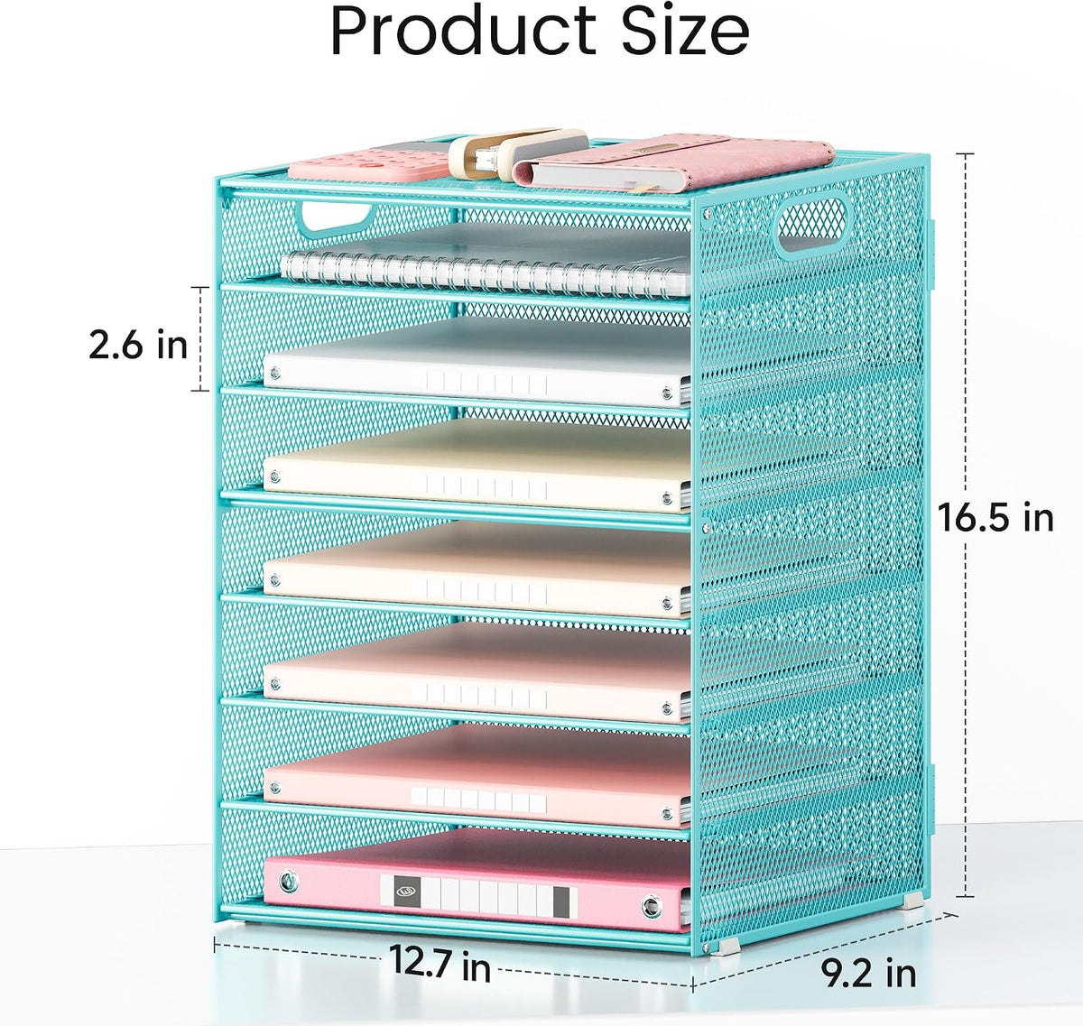 lavatino 8-tier office desk file organizer, letter tray shown in use