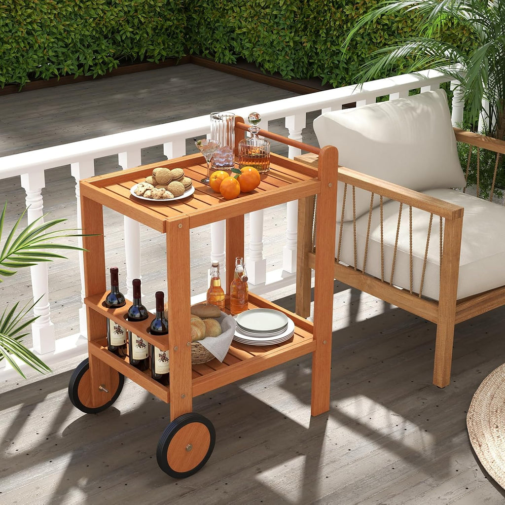 Tangkula 2-Tier Rolling Bar Cart with Rubber Wheels, Natural