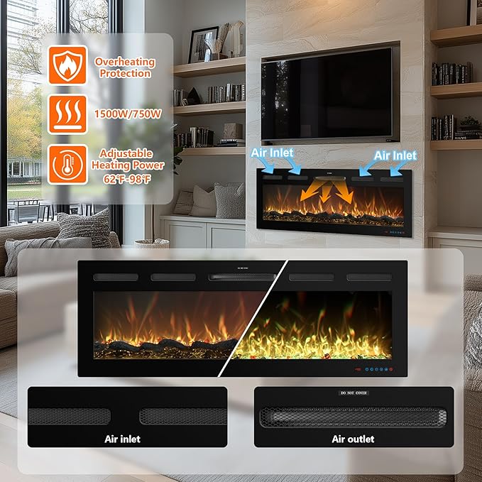 60 Inch WiFi-Enabled Recessed Electric Fireplace Inserts