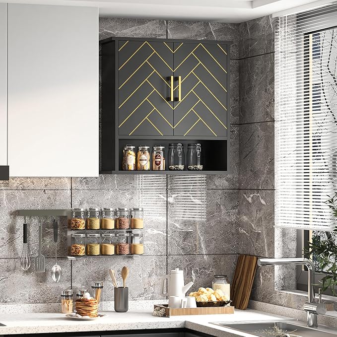 Black Chevron Pattern Bathroom Wall Cabinet, Modern Hanging Medicine Cabinet
