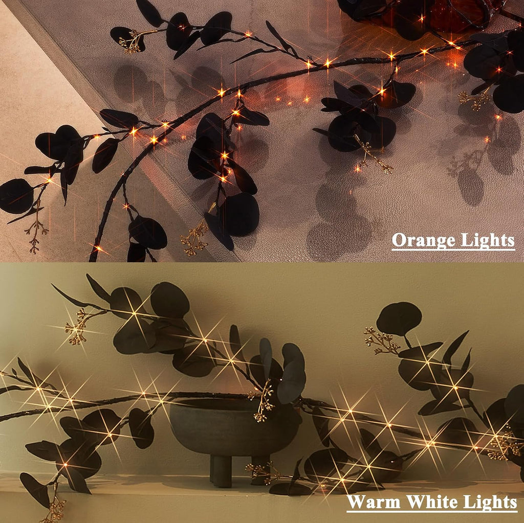 LITBLOOM Halloween Garland with Lights 6FT Battery Operated with Timer, Lighted Black Eucalyptus Garland with 96 Orange and Warm White Lights 10 Functions for Fireplace Table Fall Halloween Decoration