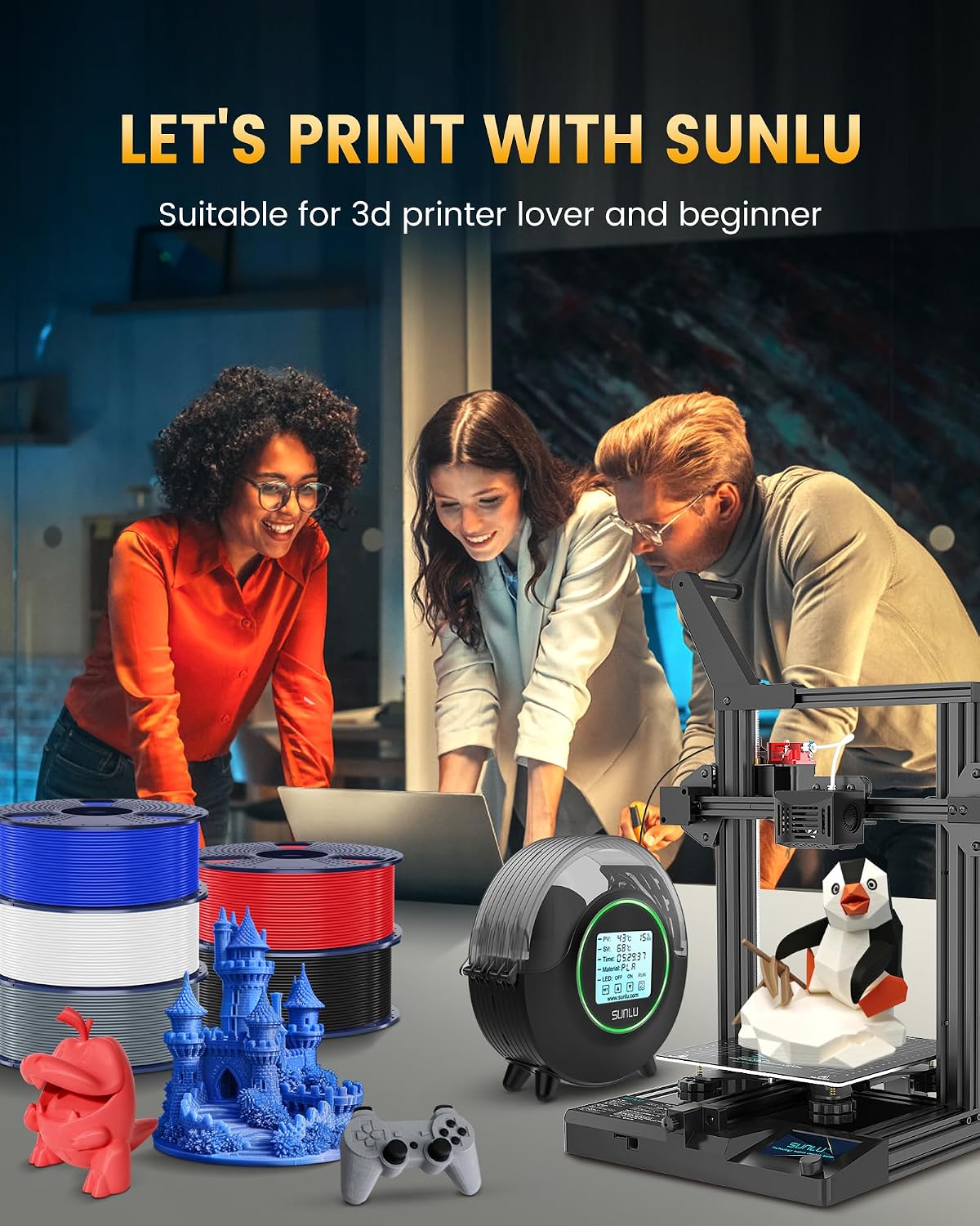 SUNLU PLA+2.0 3D Printer Filament, Multicolor, 4-Pack (4KG)