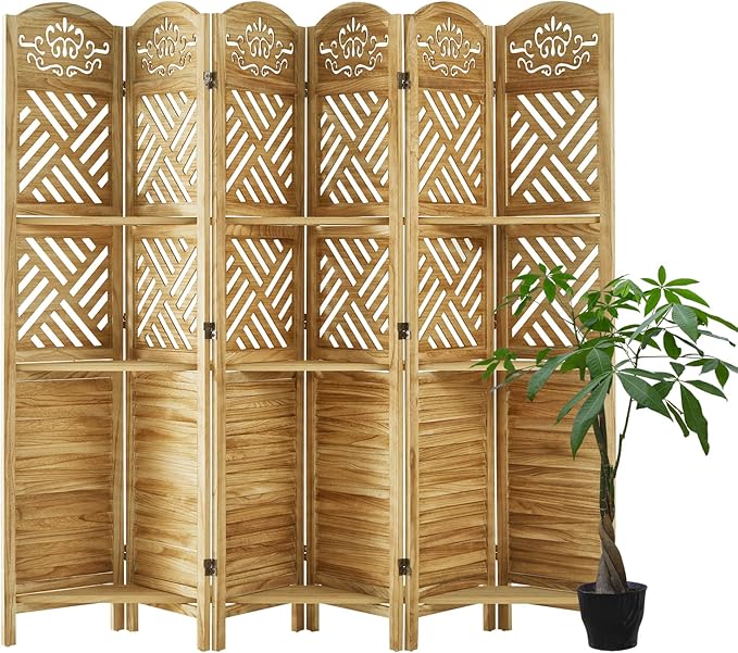 Svimi Room Divider with Shelves, 68.9inch Wood Carved and Louvered Wall Divider
