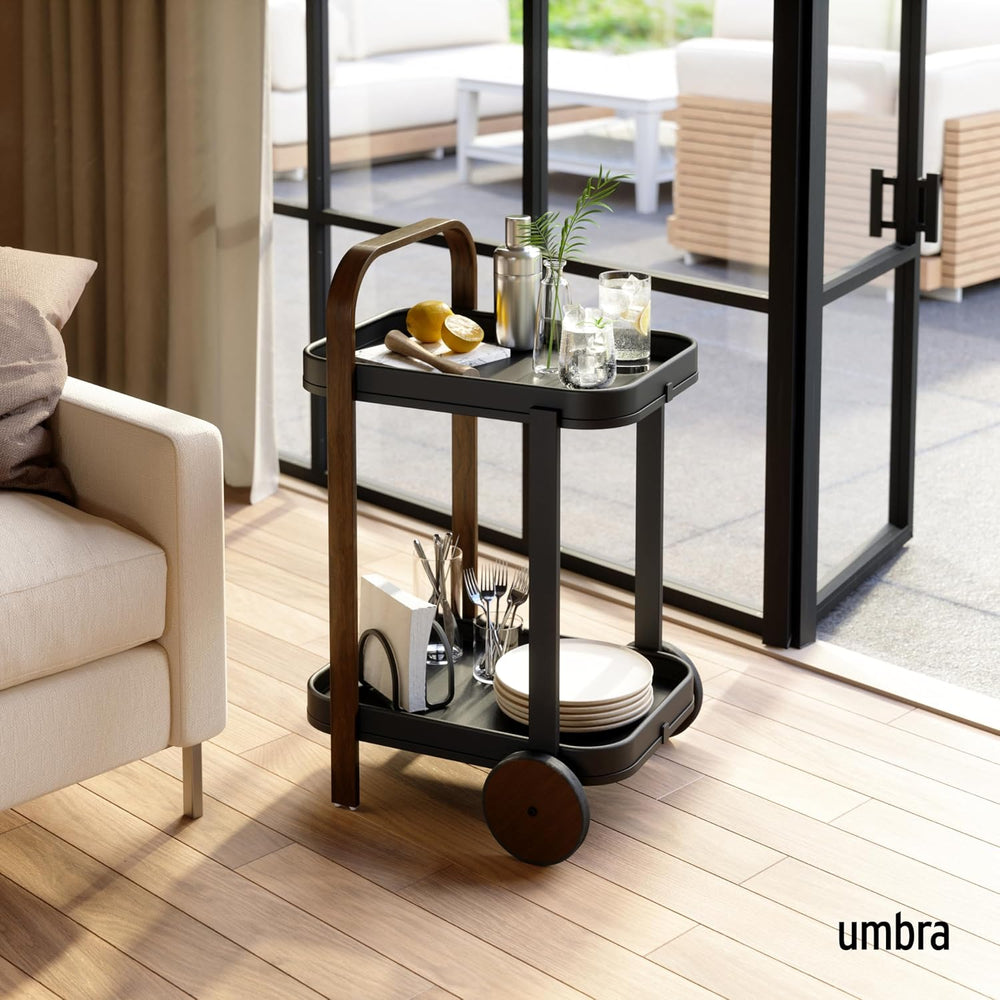 Umbra Bellwood Bar Cart, Rolling 2-Tier Storage Cart, Black/Walnut