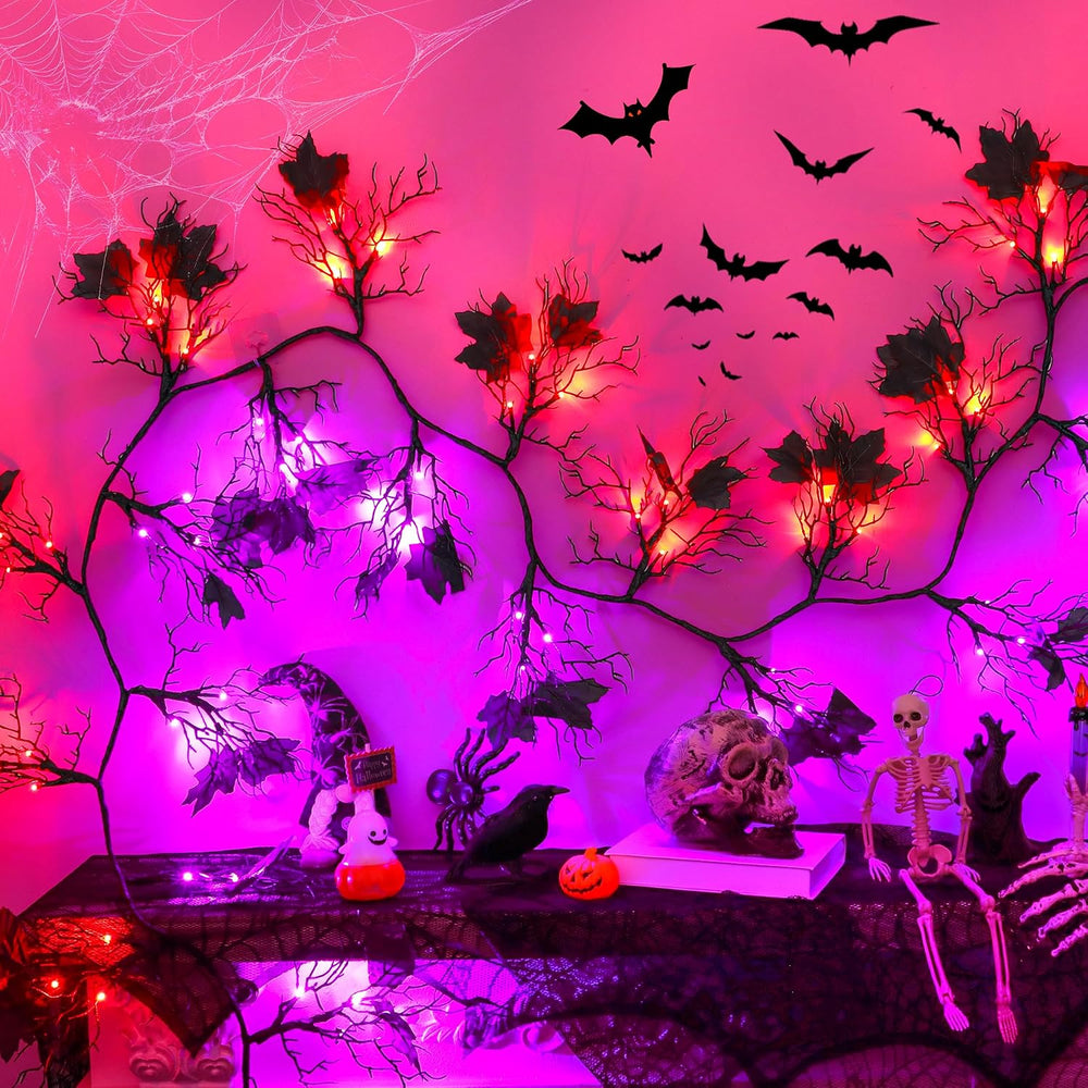 9 Ft 66 LED Willow Vine Twig Decor Black Halloween Garland with Orange Purple...
