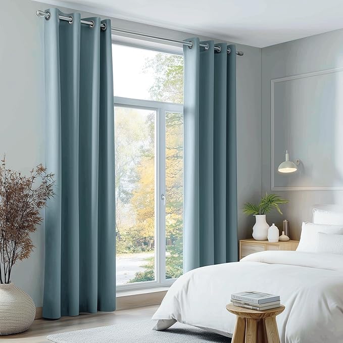 Beauoop Dusty Blue 100% Blackout Curtains 63 Inch Long 2 Panels