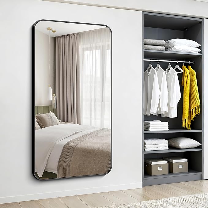 Black Bathroom Mirror, 66x36 inch Aluminum Metal Frame Rectangular Vanity Mirror