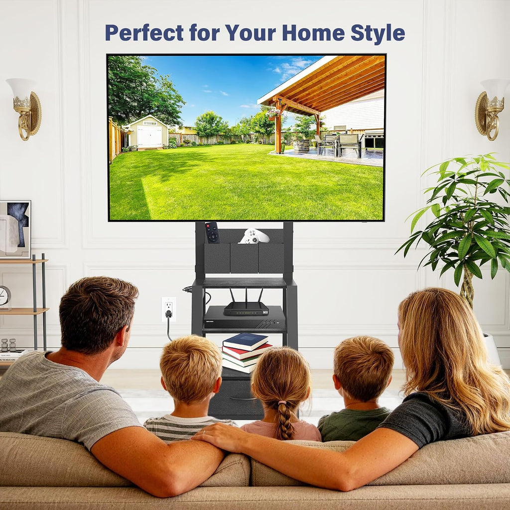 Rolling TV Stand with Power Outlet & 4-Tier Storage for 23"-60" Flat/Curved Screen up to 160lbs LCD/LED/OLED Adjustable Height Mobile TV Cart for Home Office Outdoor Max VESA 400x400mm Black
