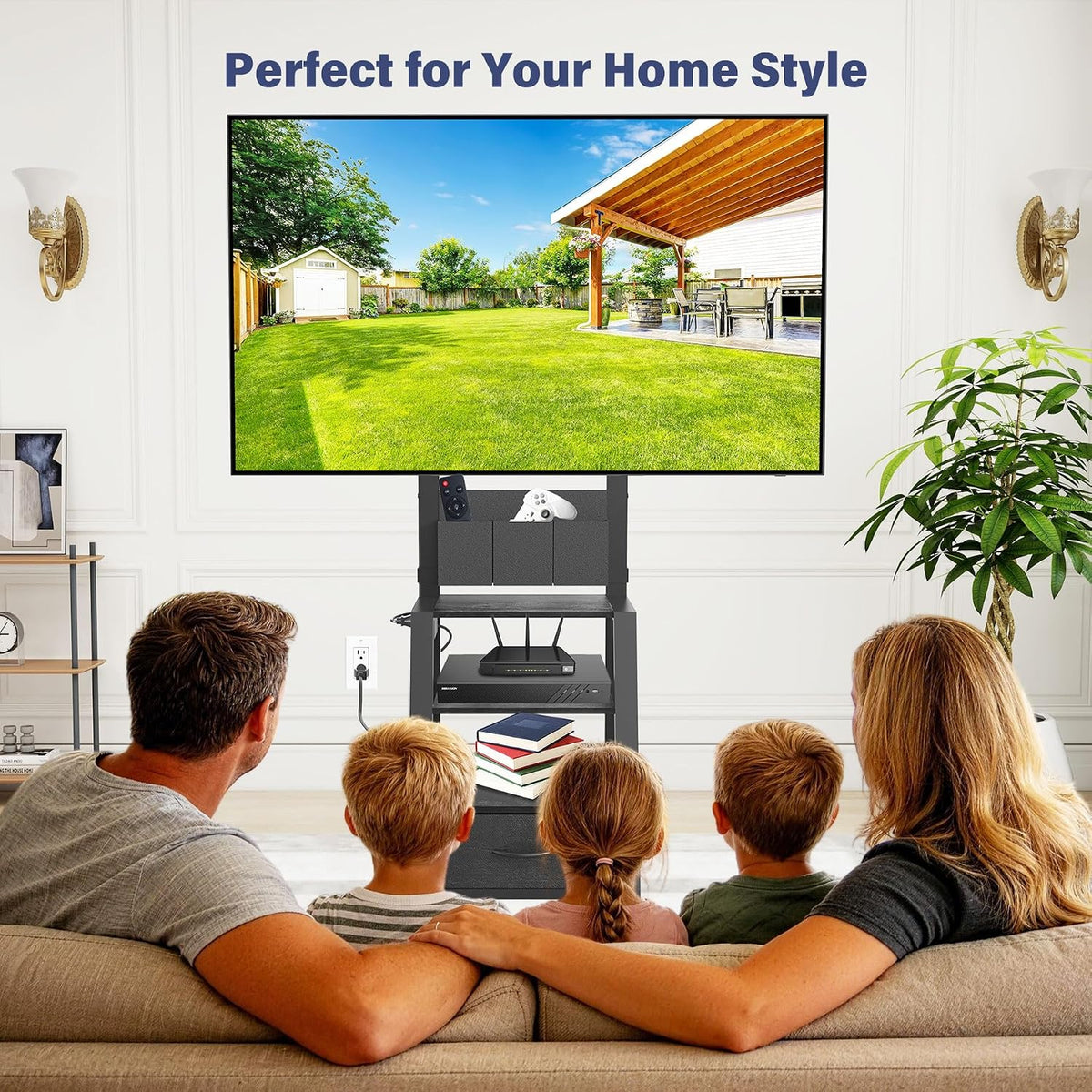 Rolling TV Stand with Power Outlet & 4-Tier Storage for 23"-60" Flat/Curved Screen up to 160lbs LCD/LED/OLED Adjustable Height Mobile TV Cart for Home Office Outdoor Max VESA 400x400mm Black