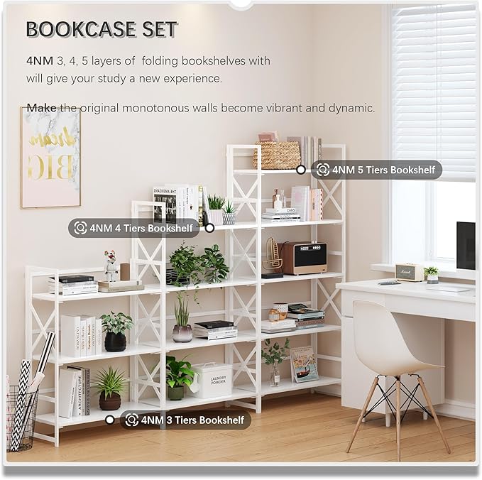 4NM 5 Tiers No Assembly Book Shelves, 51.2" H Folding Bookshelf Bookcase Open