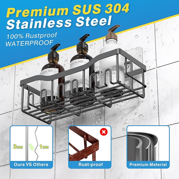 EUDELE 5-Pack Rustproof Stainless Steel Shower Caddy – No Drill Adhesive