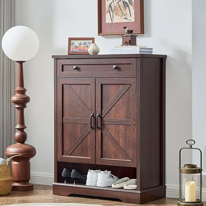 SOOWERY Shoe Cabinet with Drawer, Farmhouse Shoe Storage Cabinet with Doors