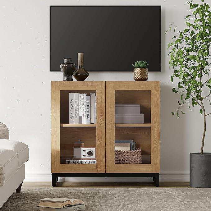 WAMPAT Modern TV Stand with Glass Doors