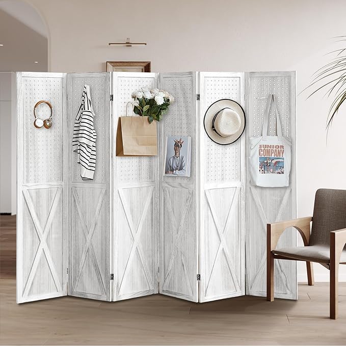 ALeesing 6 Panel Pegboard Room Divider, 5.6Ft Pegboard Display Folding Privacy