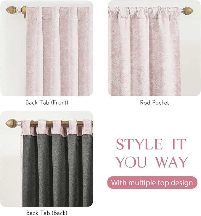 Beauoop Pink Floral Jacquard Blackout Curtains 63 Inches Long 2 Panels