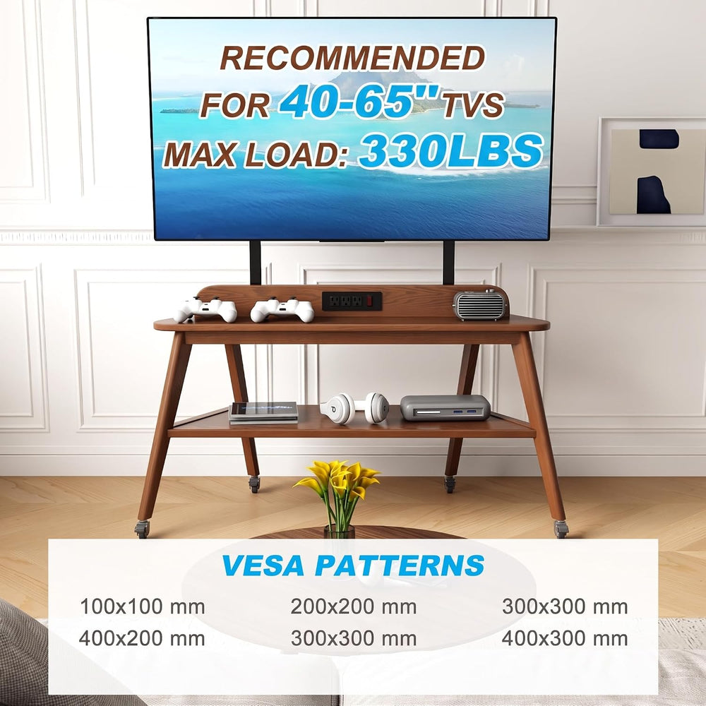 Solid Wood Rolling TV Stand with Power Outlet, Mobile TV Stand
