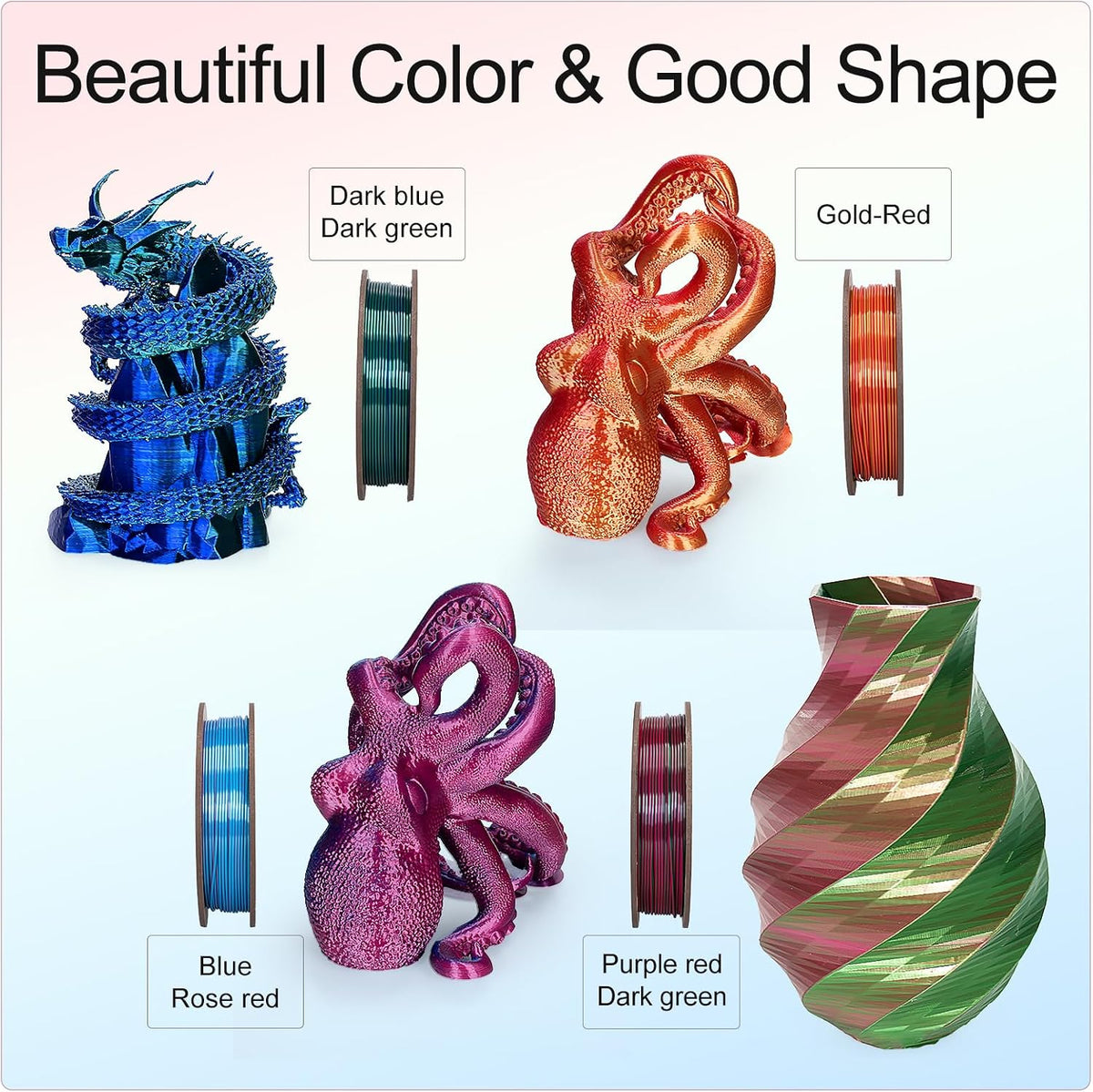 Kretrum Silk Dual Color 3D Printer Filament Bundle, 1.75 mm Color Changing PLA Bundle, 4 Spools 250g Each (Rose & Blue, Red & Gold, Violet & Green, Blue & Green)