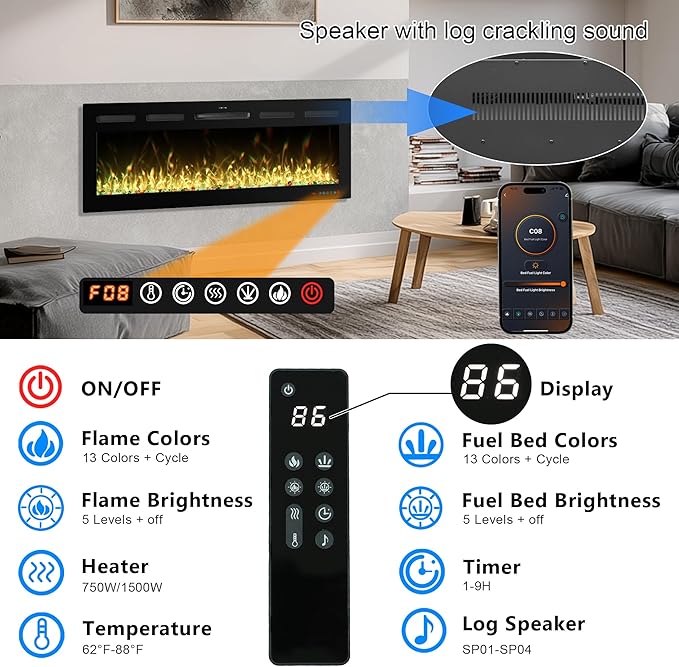 60 Inch WiFi-Enabled Recessed Electric Fireplace Inserts