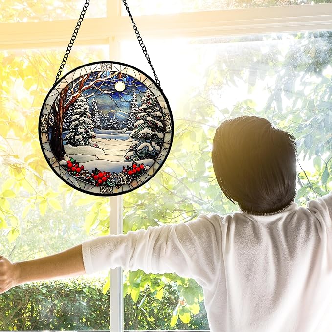 DASTOLL Stained Glass Window Hanging Christmas Tree Winter Snow Night Scenery
