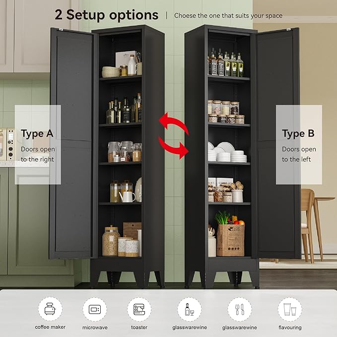 Narrow Metal Cabinet with 4 Adjustable Shelves and Barn Doors, Tall Bathroom