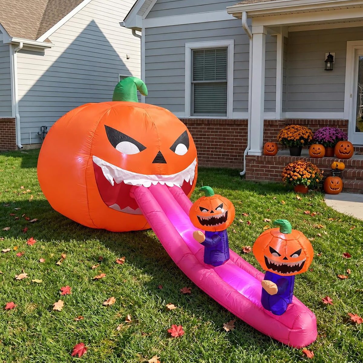 9FT Halloween Inflatables Pumpkin Outdoor Decorations, Blow Up Inflatable Giant Pumpkin Monster with Long Tongue and LEDs for Yard, Lawn, Garden, Porch and Party Deco