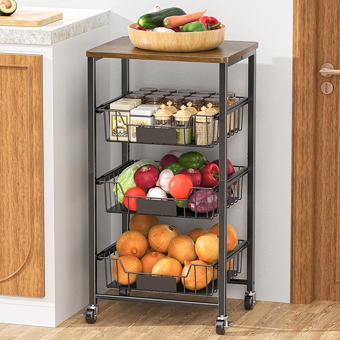 Kitchen Storage Cart with Wheels, 4-Tier Metal Utility Rolling Cart Fruit