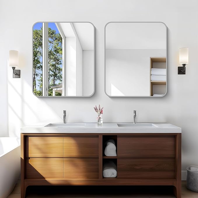 Silver Bathroom Mirror, 30 x 36 Inch Metal Framed Silver Rectangle Mirror