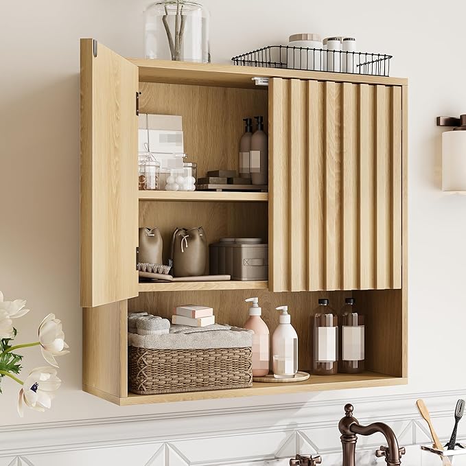 Smuxee Fluted Bathroom Cabinet Wall Mounted, Wooden Medicine Cabinet
