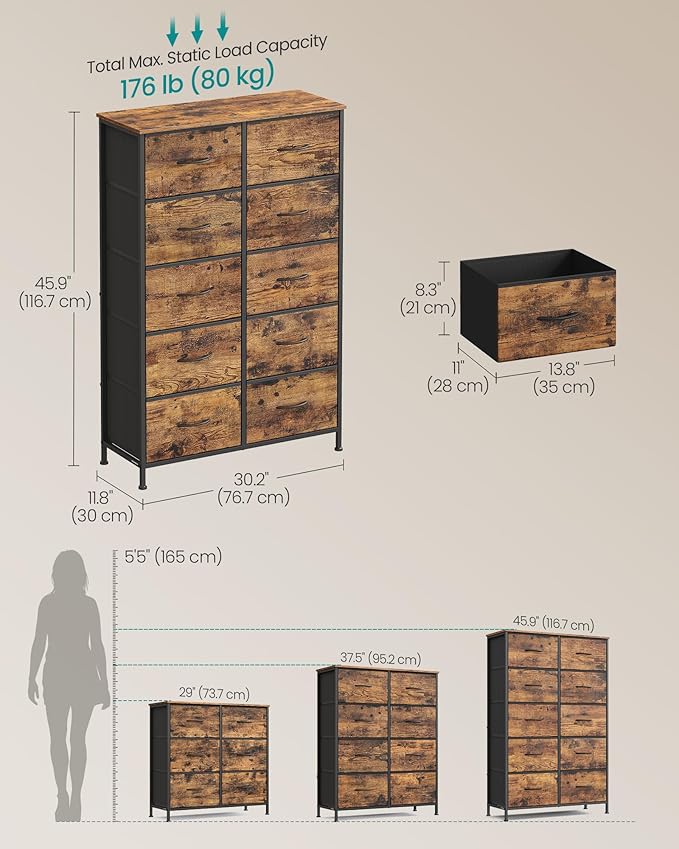 SONGMICS Dresser for Bedroom, Chest of Drawers, 10 Non-Woven Fabric Drawers