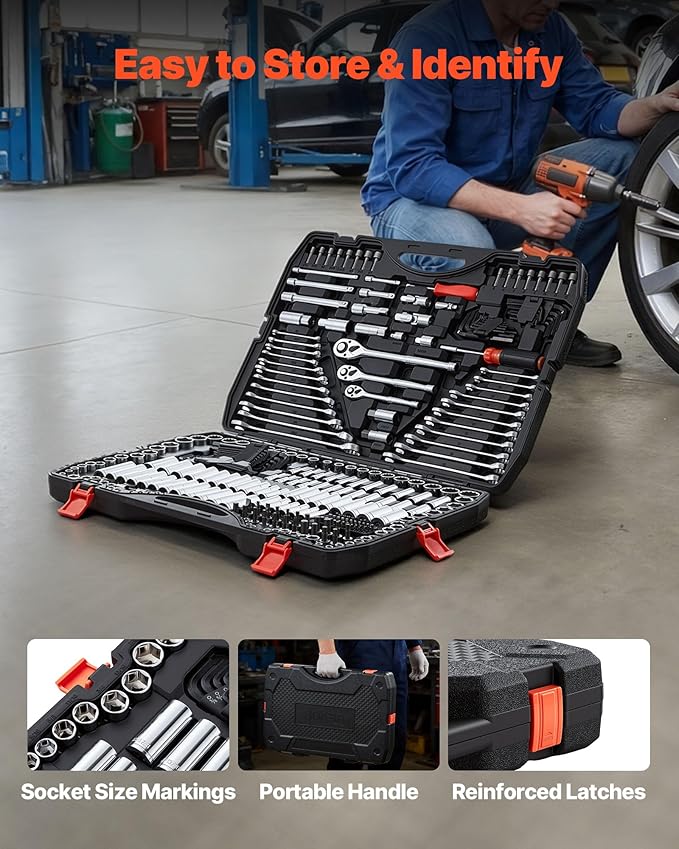 VEVOR Mechanics Tool Set, 308-Piece Mechanic Tool Kit, 1/4 in, 3/8 in, and 1/2
