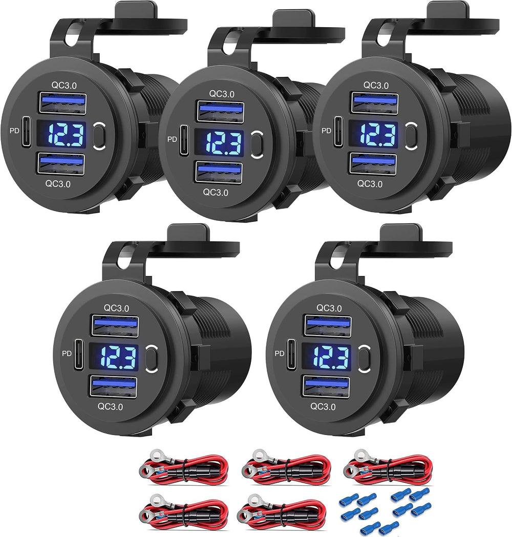 5 Pack 12V USB Outlet, QC3.0 & PD Dual Car Charger with Voltmeter & S...