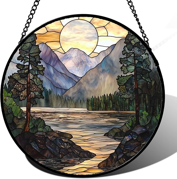 AMDERVEN Stained Glass Window Hanging, Sunset Mountains Lake Tree Sun Catcher
