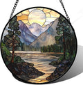 AMDERVEN Stained Glass Window Hanging, Sunset Mountains Lake Tree Sun Catcher