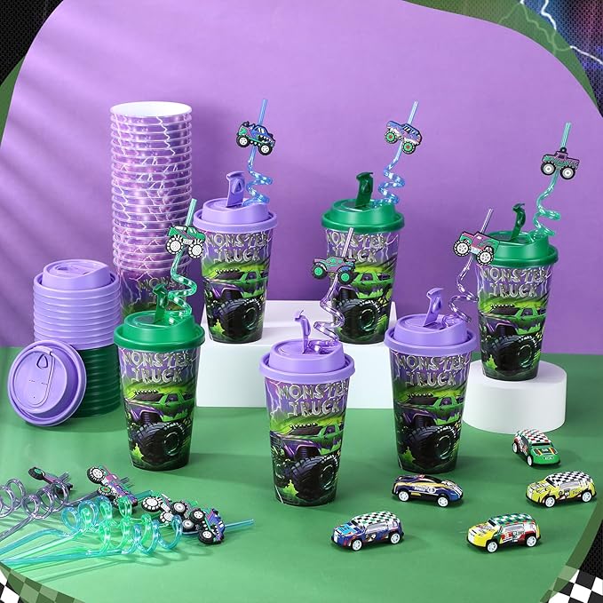Yungyan 24 Sets Green Purple Monster Truck Party Favors Goodie Cups with Lids and Straws for Halloween Party Decorations Reusable 16oz Plastic Candy Cups Plastic Straws for Birthday Gift(Truck)