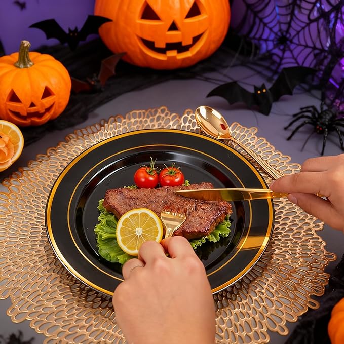 350 Pieces Black and Gold Plastic Plates with Disposable Silverware, Include 50 Dinner Plates 9”, 50 Dessert Plates 6.3”, 50 Black Cups 9 OZ, 50 Pre Rolled Napkins for Halloween new year