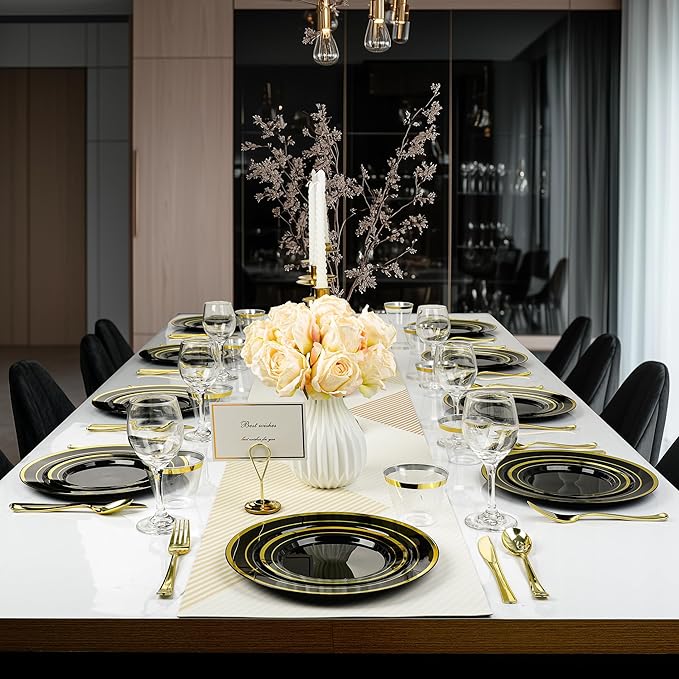 BESTVIP 600PCS Black Gold Dinnerware Set for 100 Guests, Plastic Plates for Halloween Party and Christmas, 100 Disposable Plates, 100 Dessert Plates, 100 Cups, 100 Spoons, 100 Forks and 100 Knives