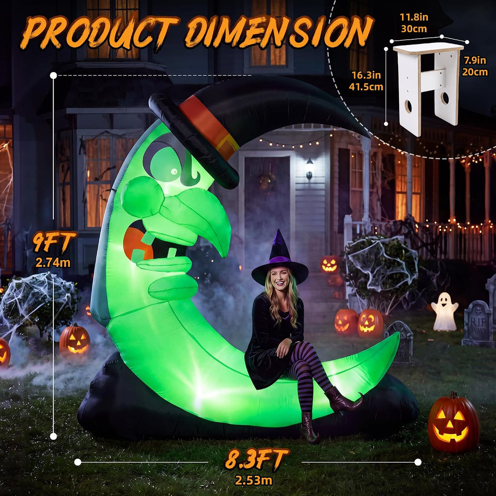 9FT Green Witch Moon Halloween Inflatables Outdoor Decorations with Bench
