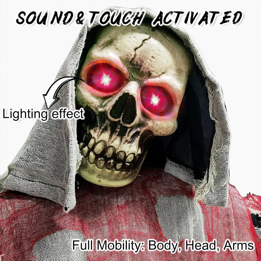 Halloween Decorations Outdoor, 6 Ft Large Animated Grim Reaper with Big Chain,Sound & Touch Activated with Creepy Sound - Scary Props House Decor for Garden Yard Lawn Indoor Decoration Animatronics