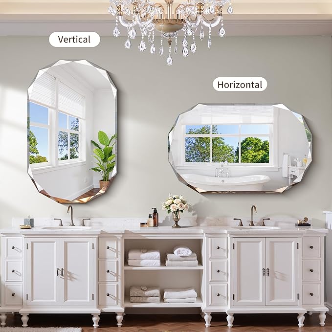 GLASHOM Frameless Bathroom Mirror, 30x48 inch Beveled Bathroom Mirror Wall