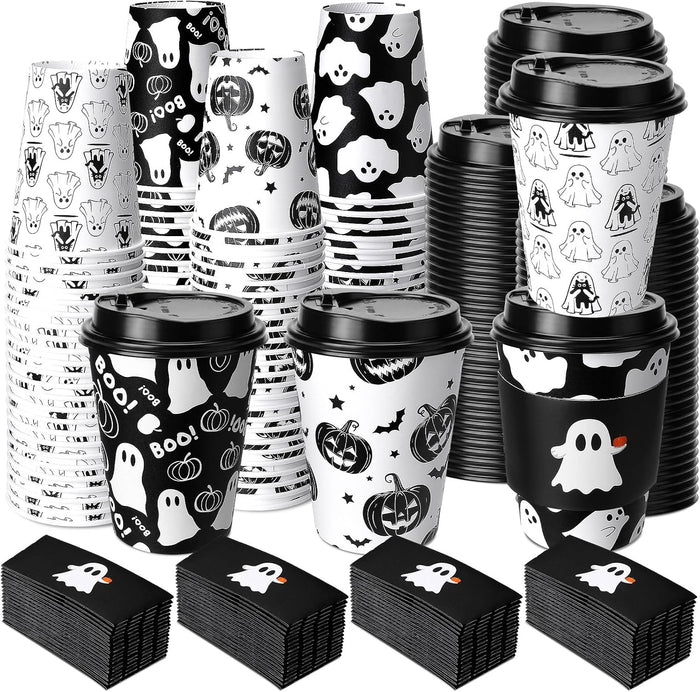 Suclain 100 Sets Halloween Disposable Coffee Cups with Lids & Sleeves, 12 oz Ghost Pumpkin Cat Pattern Paper Cups for Hot Cold Drinks Trick or Treat Party Supplies